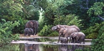 象 Painting - 人里離れた川のゾウの群れ
